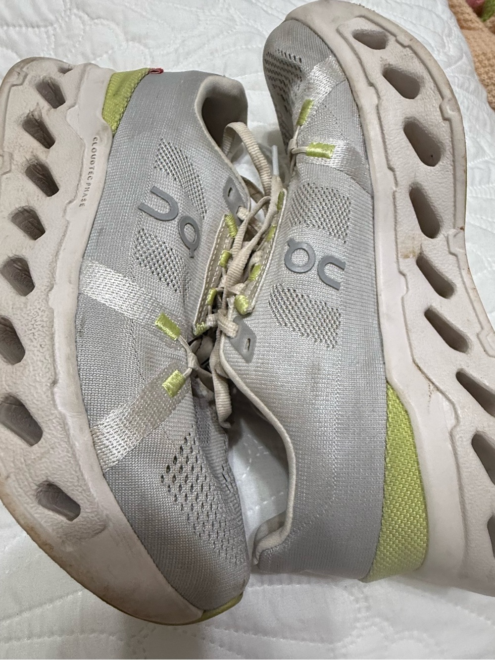 On Clouds Running Women's Athletic Shoes in Light Gray with Lime Accents